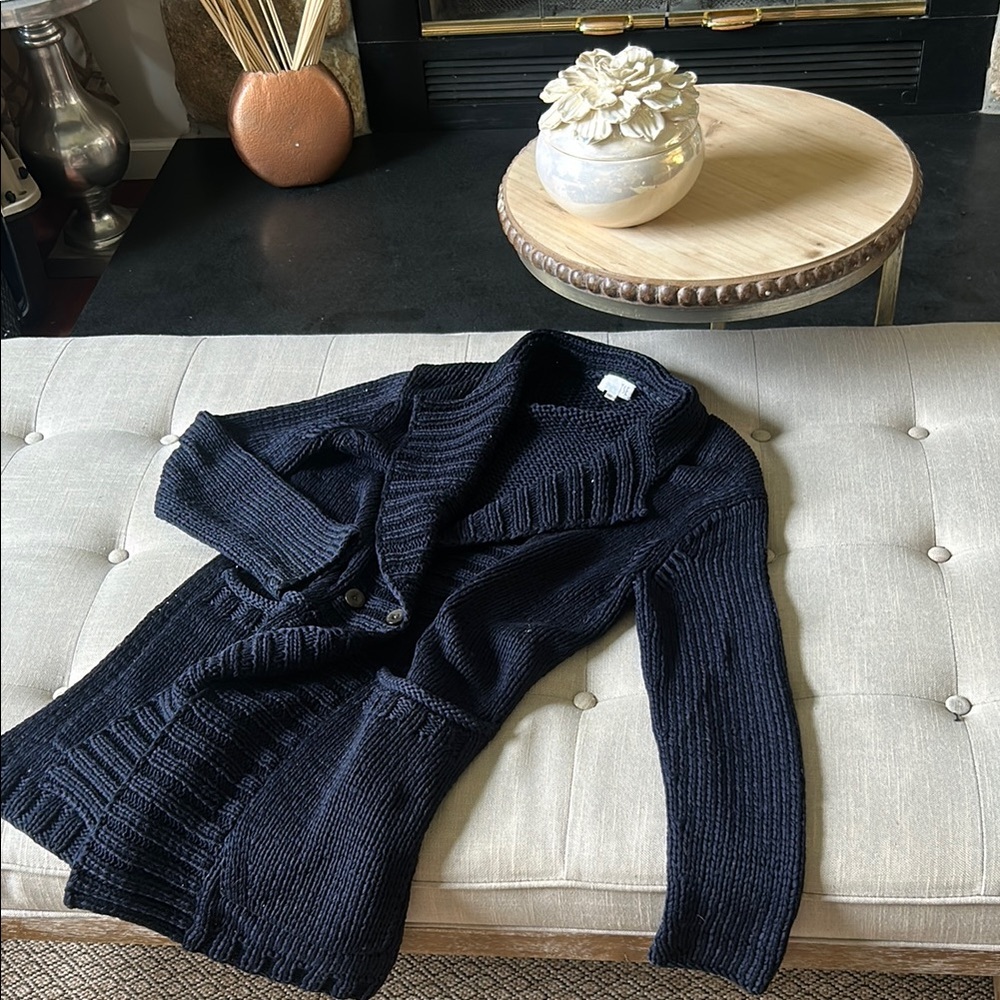 TSE Chunky Navy 100% Cotton Knit Cardigan Size XS